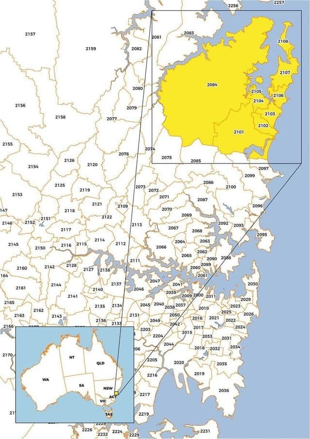 Plan des codes postaux de Sydney